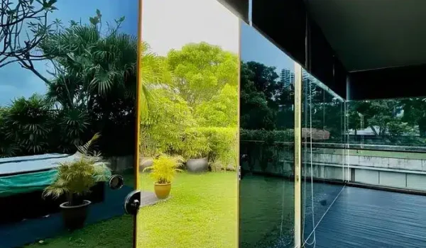 One-way mirror film with window blinds or curtains for home privacy windows